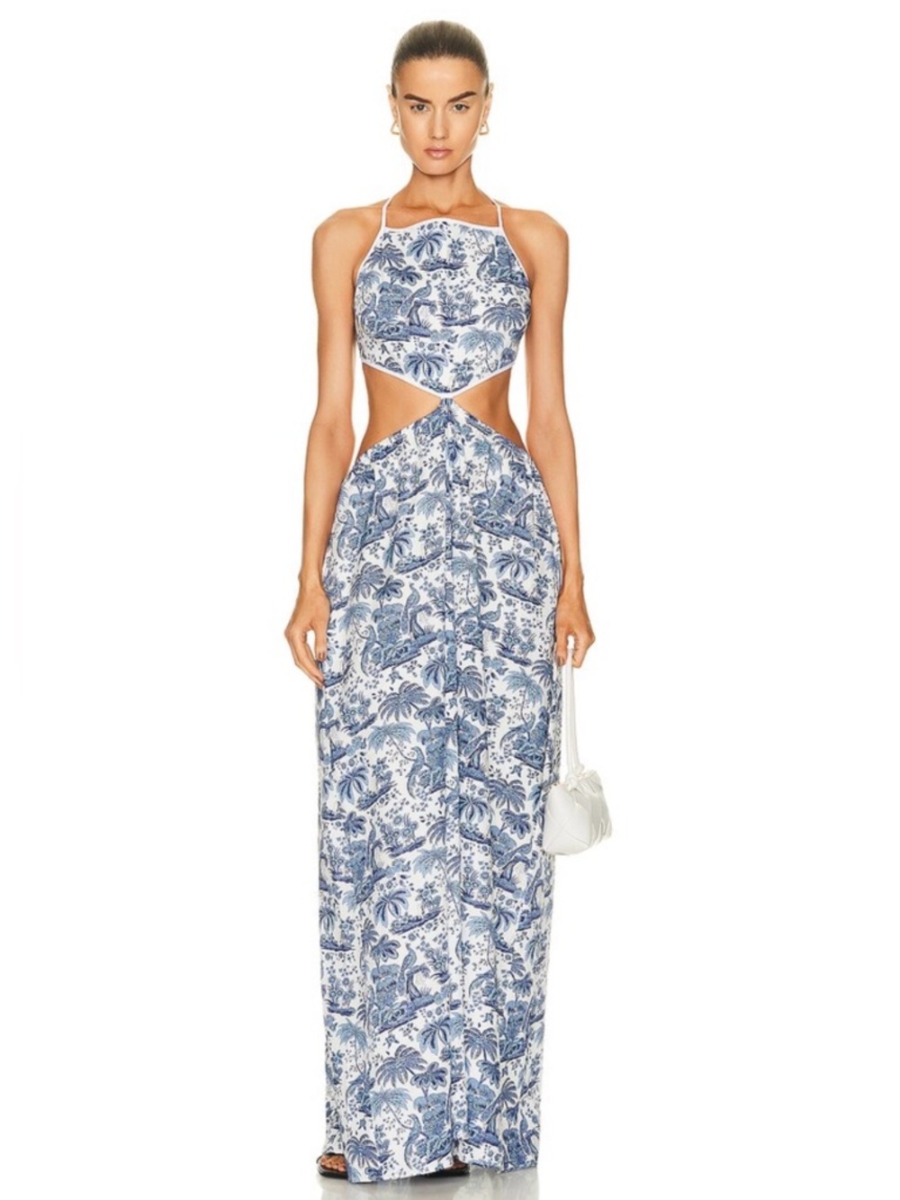 Staud Myla Halter Cutout Printed Cotton-Blend Poplin Maxi Dress in Blue Toile - Picture 2 of 13